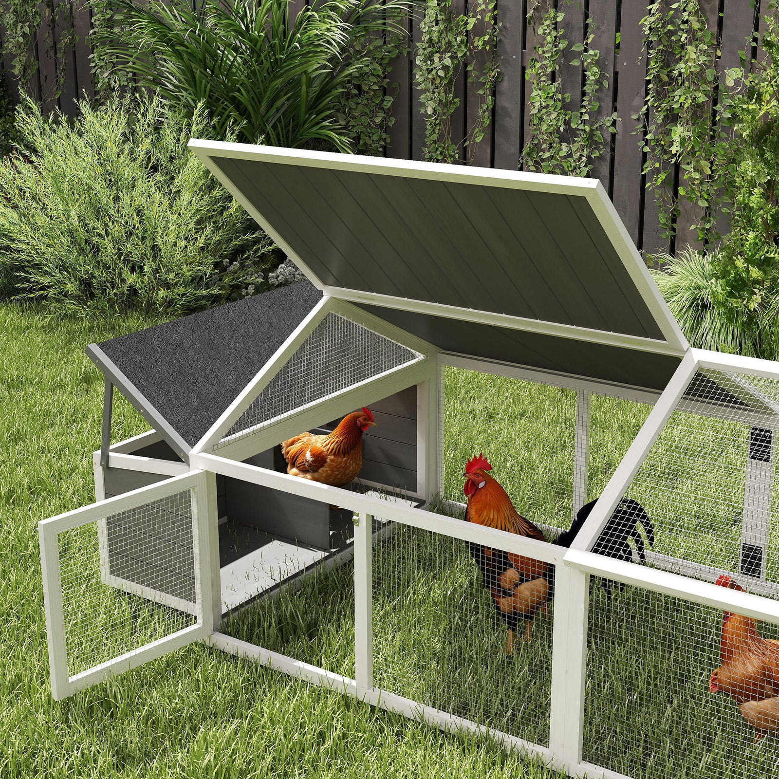 Wooden Chicken Run With Nesting Box, Openable Roof, For 4-8 Chickens | White
