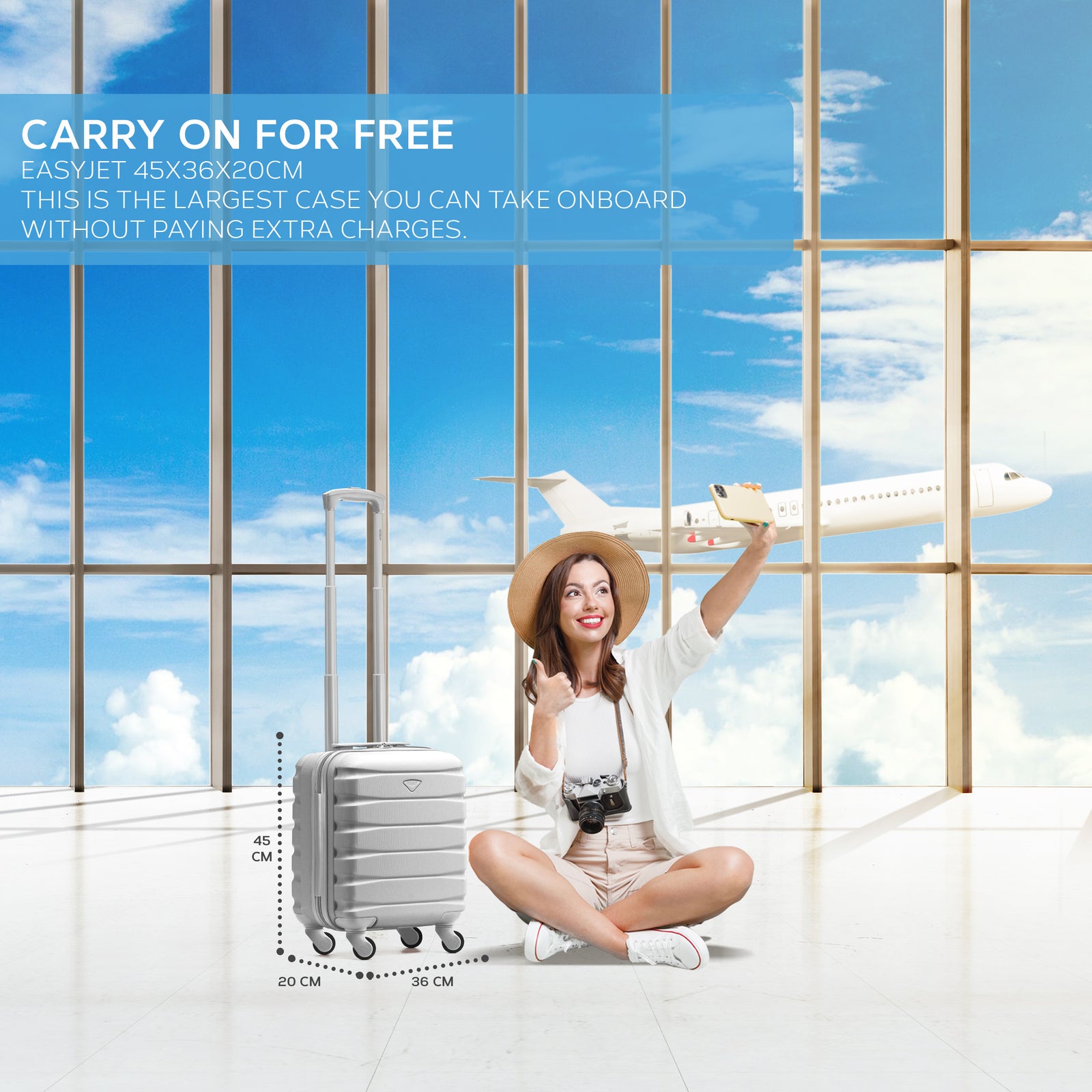 45x36x20cm Lightweight Underseat Cabin Carry On Suitcase - 100+ Airline Approved - Hard Shell Luggage - 4 Wheels | 45 x 36 x 20cm | Silver