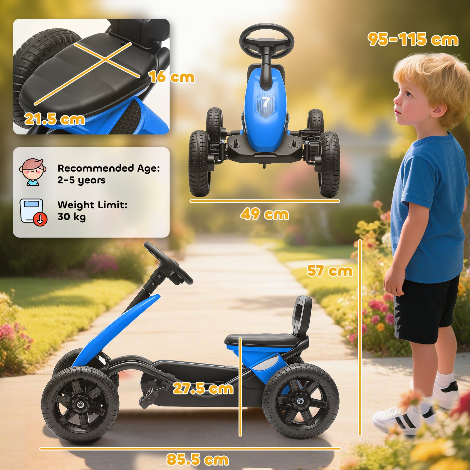 Pedal Go-kart For Kids With Silent Eva Wheels, Metal Frame | Blue