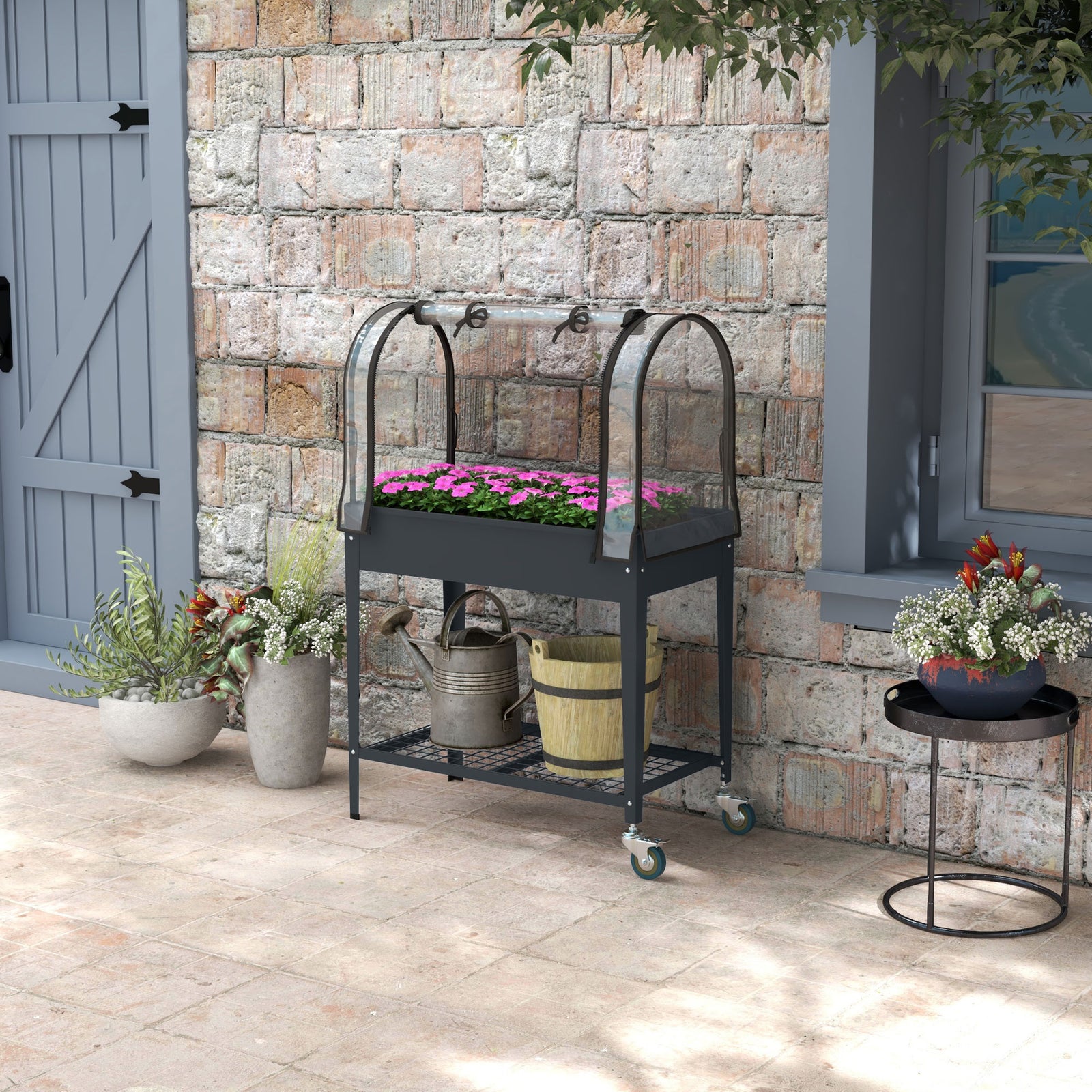 Raised Planter With Greenhouse & Wheels Dark Grey