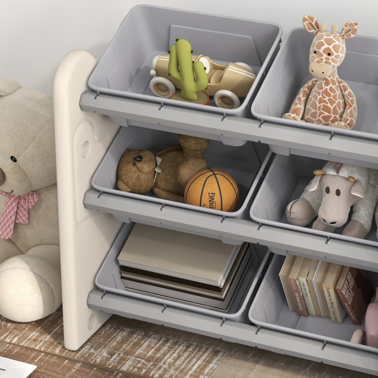 Kids Toy Storage Units With 6 Storage Boxes, 76 X 37 X 60cm, Grey