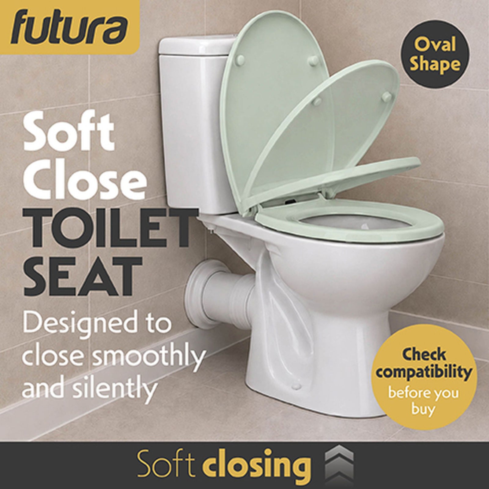 Toilet Seat Soft Close Oval Shape, Premium Thermoplastic, Quick Release, Top & Bottom Fixings | Sage Green