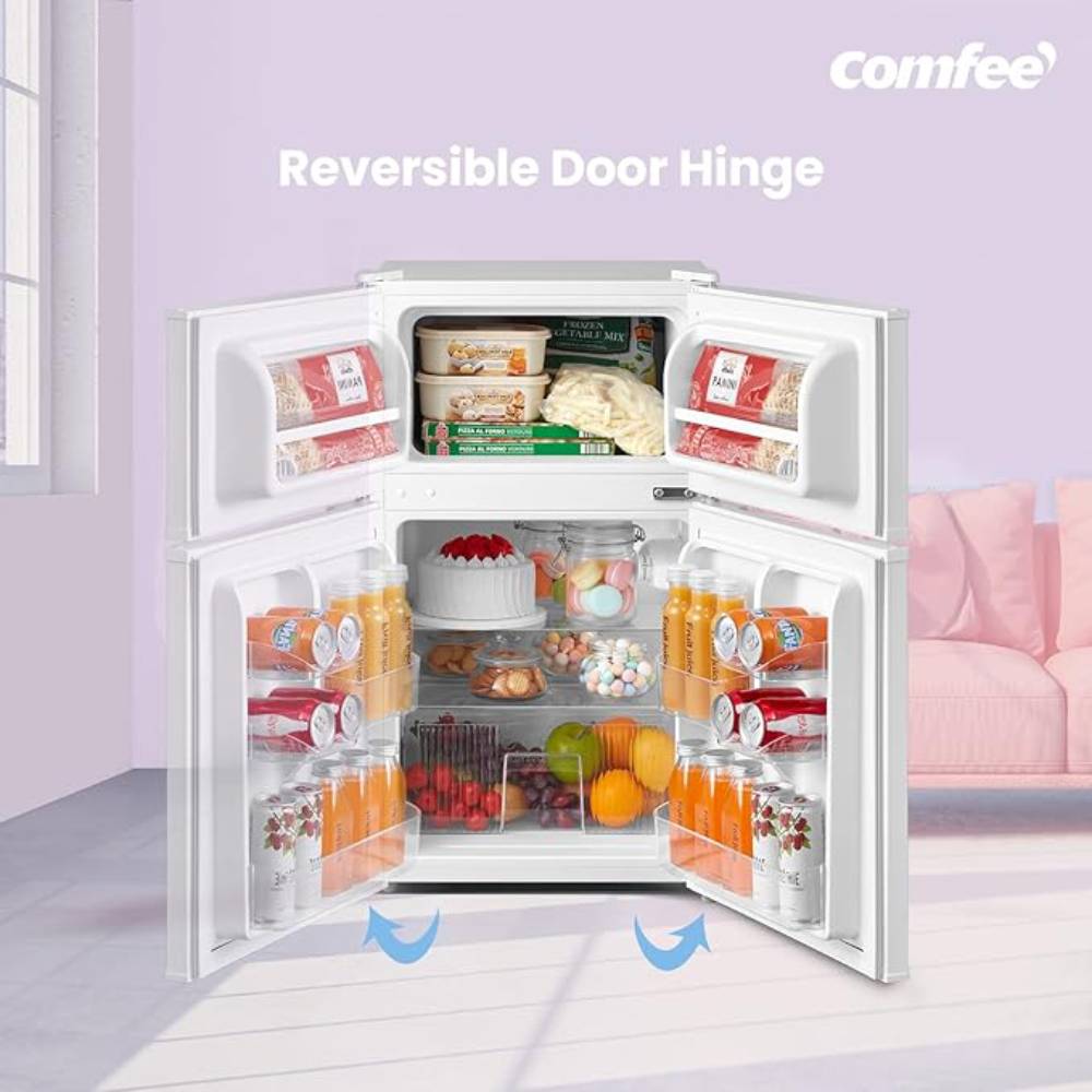 Comfee 87l Mini Fridge Freezer, 2-door Refrigerator With Led Light, Shelves, Drawer & Adjustable Thermostat | White