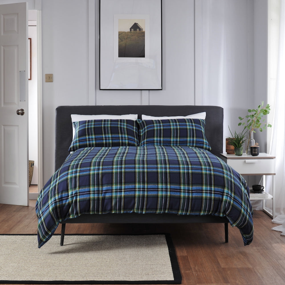 Willington Check Printed Brushed 100% Cotton Bedlinen Duvet Set | Single | Blue