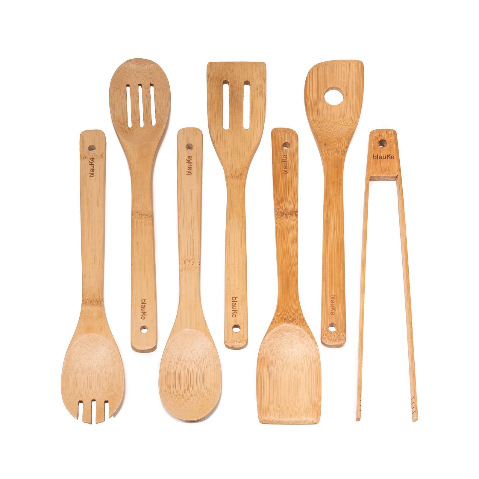 BlauKe Wooden Kitchen Utensils Set Of 7 - Bamboo Cooking Utensils For Non-stick Cookware - Wooden Spatulas, Wooden Spoons, Tongs