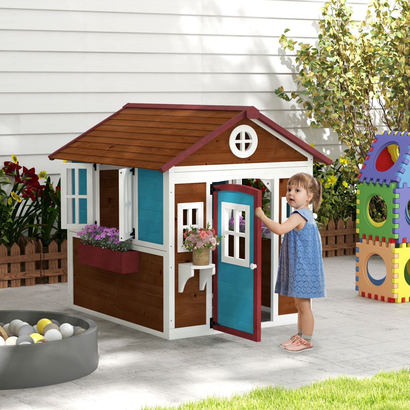Wooden Playhouse With Doors, Windows, Plant Pots For Kids | Brown