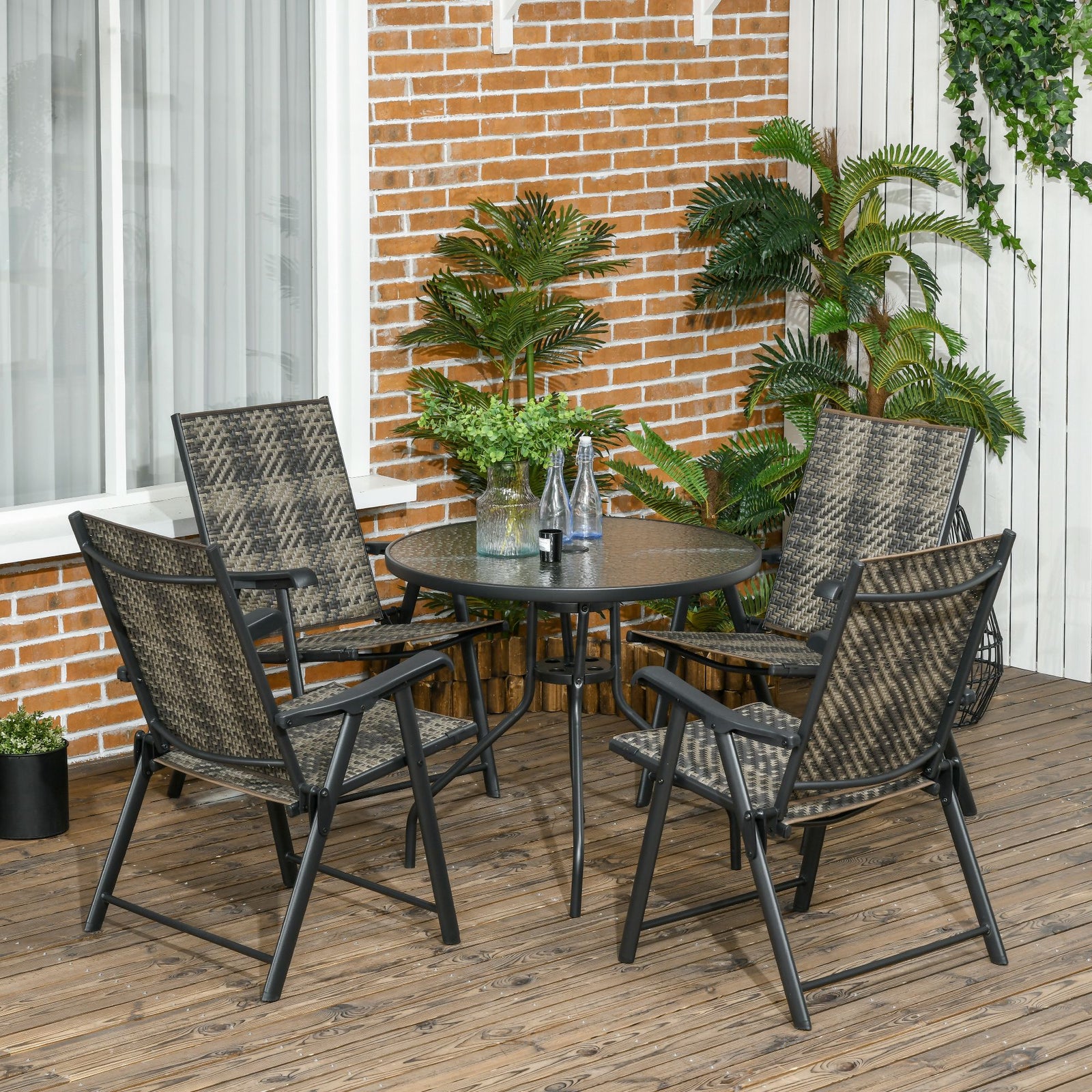 5 Pieces Pe Rattan Set W/ Hole & Folding Chair