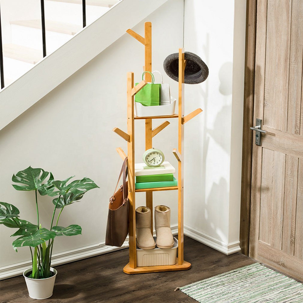 Wooden Coat Rack Stand With 3 Shelves For Entryway