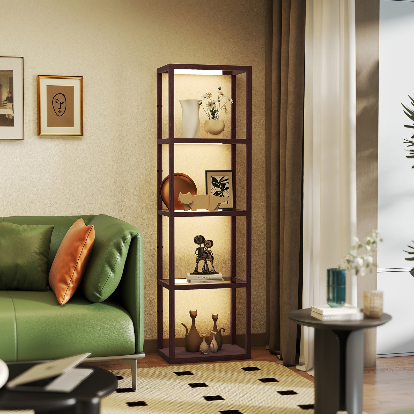 Led Floor Lamp With Glass Shelves, Dimmable Room Lamp | Dark Brown