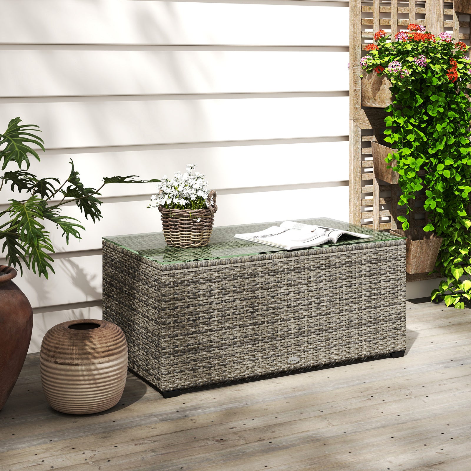 Outdoor Coffee Table, Glass Top Rattan Side Table | Dark Gray