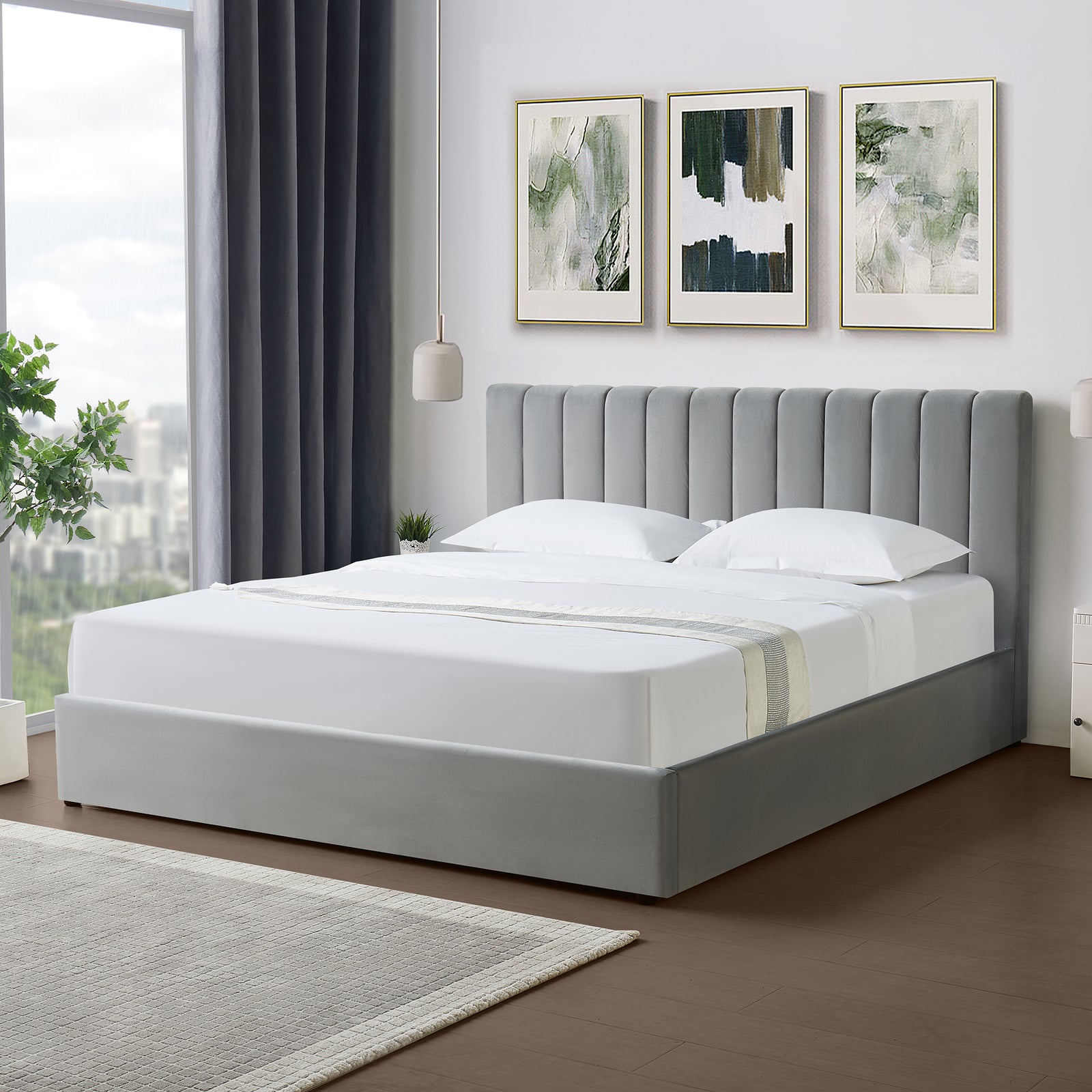 Corwin Grey Velvet Ottoman Storage Bed Frame - 4 Sizes Available | Super King