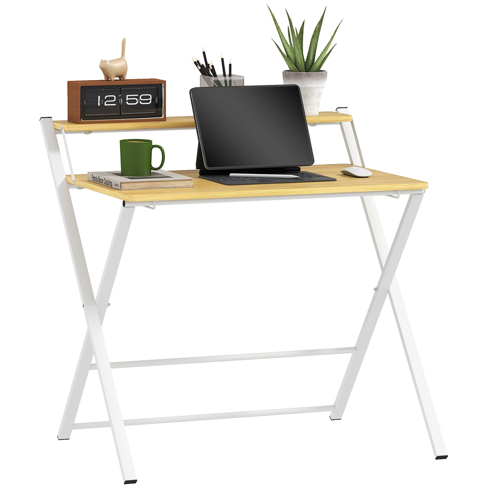 Folding Desk With 2-tier Shelf Home Office Maple Wood-effect