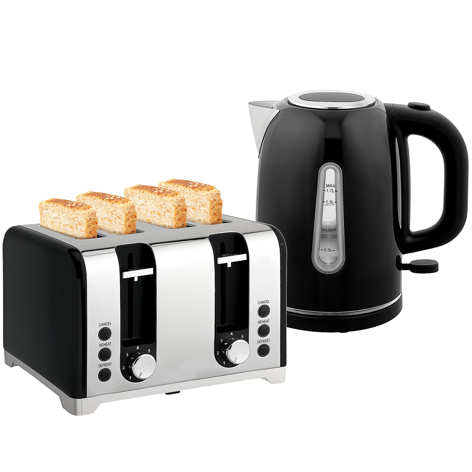 4 Slice Wide Slot Toaster And 1.7l Rapid Boil Kettle Set | Black