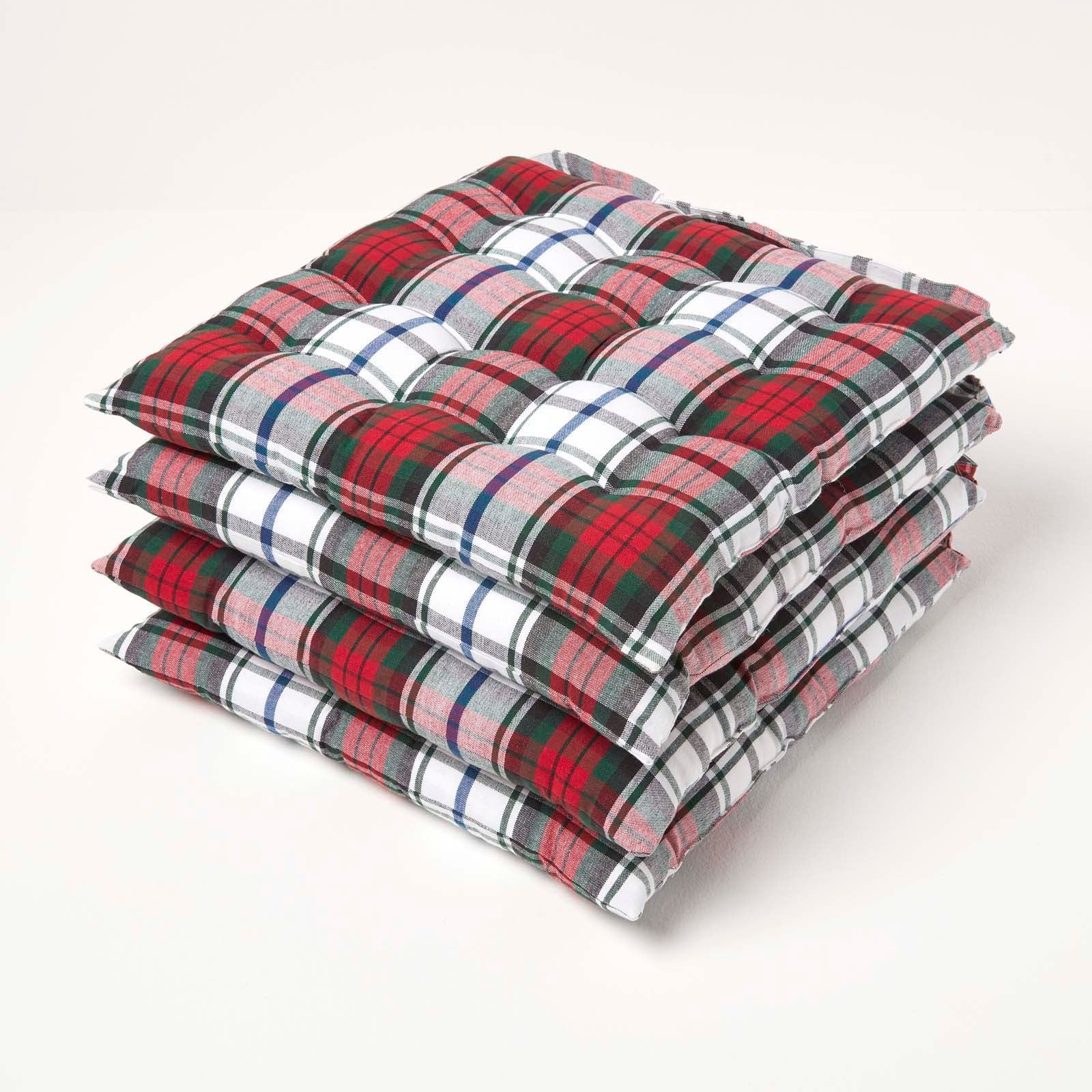 Tartan Check Seat Pad With Button Straps 100% Cotton, 40 X 40 Cm | Set-of-4 | Red