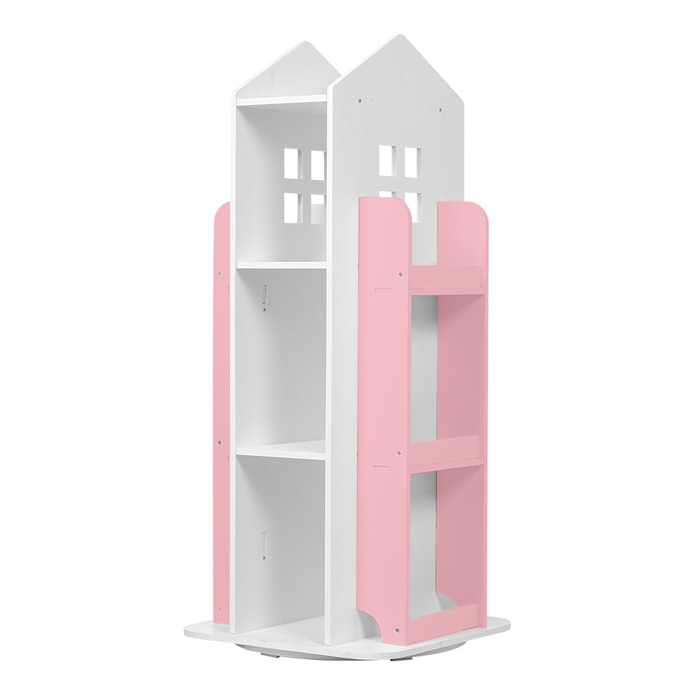 360°rotating Kids' Bookshelf Wooden House Frame Book Storage Organizer For Children | Pink