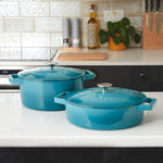 Cast Iron Casserole Set Of 2 26cm & 28cm / 4.3l & 5.8l Dishes Oven Proof Enamelled Cast Iron Pans With Lids | Blue