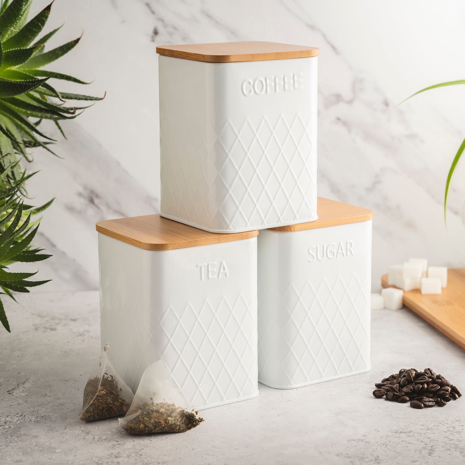 3-piece Kitchen Storage Square With Bamboo Lids Tea Coffee Sugar | White
