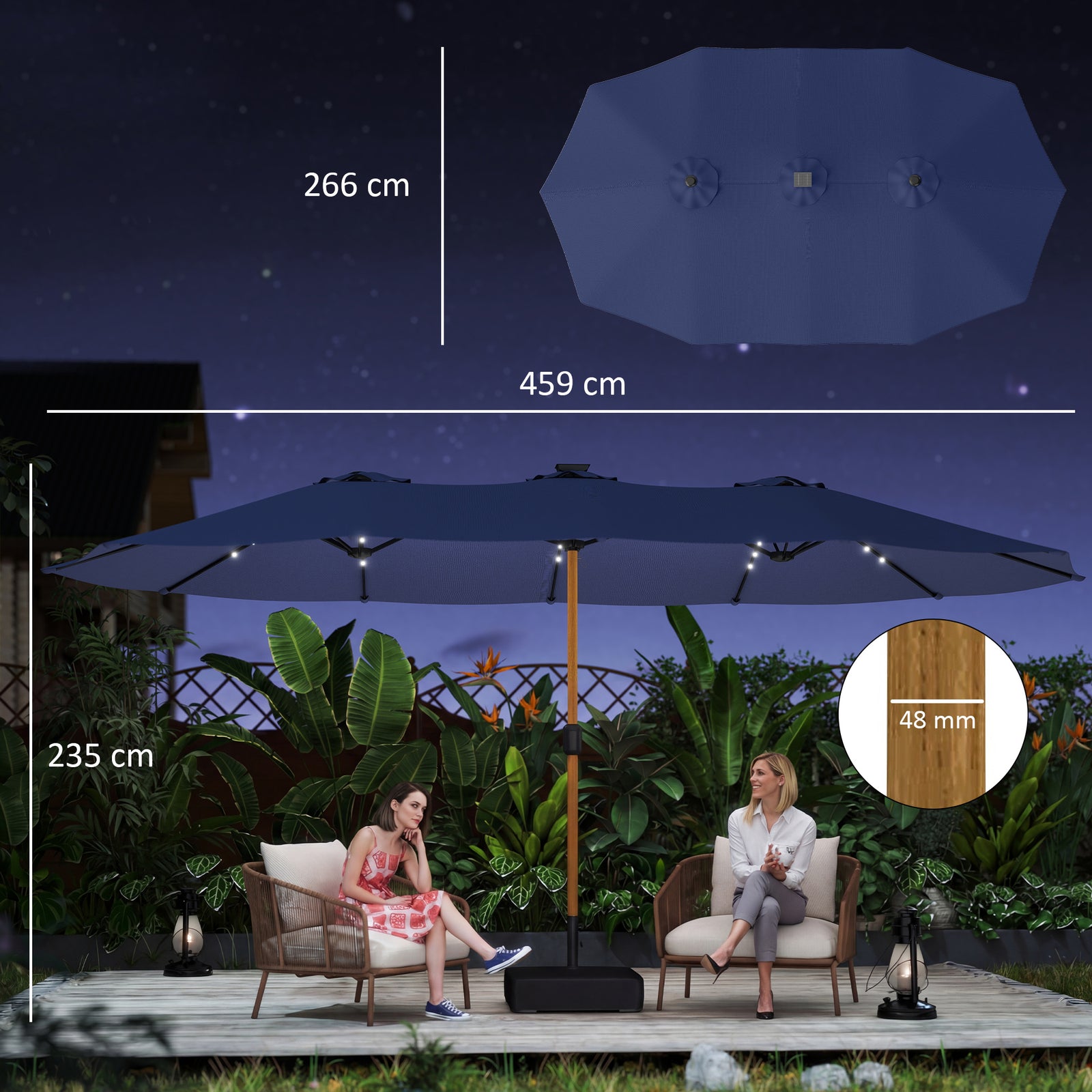 Outsunny Double Sided Garden Parasol With 48 Solar Led Lights 4.6m