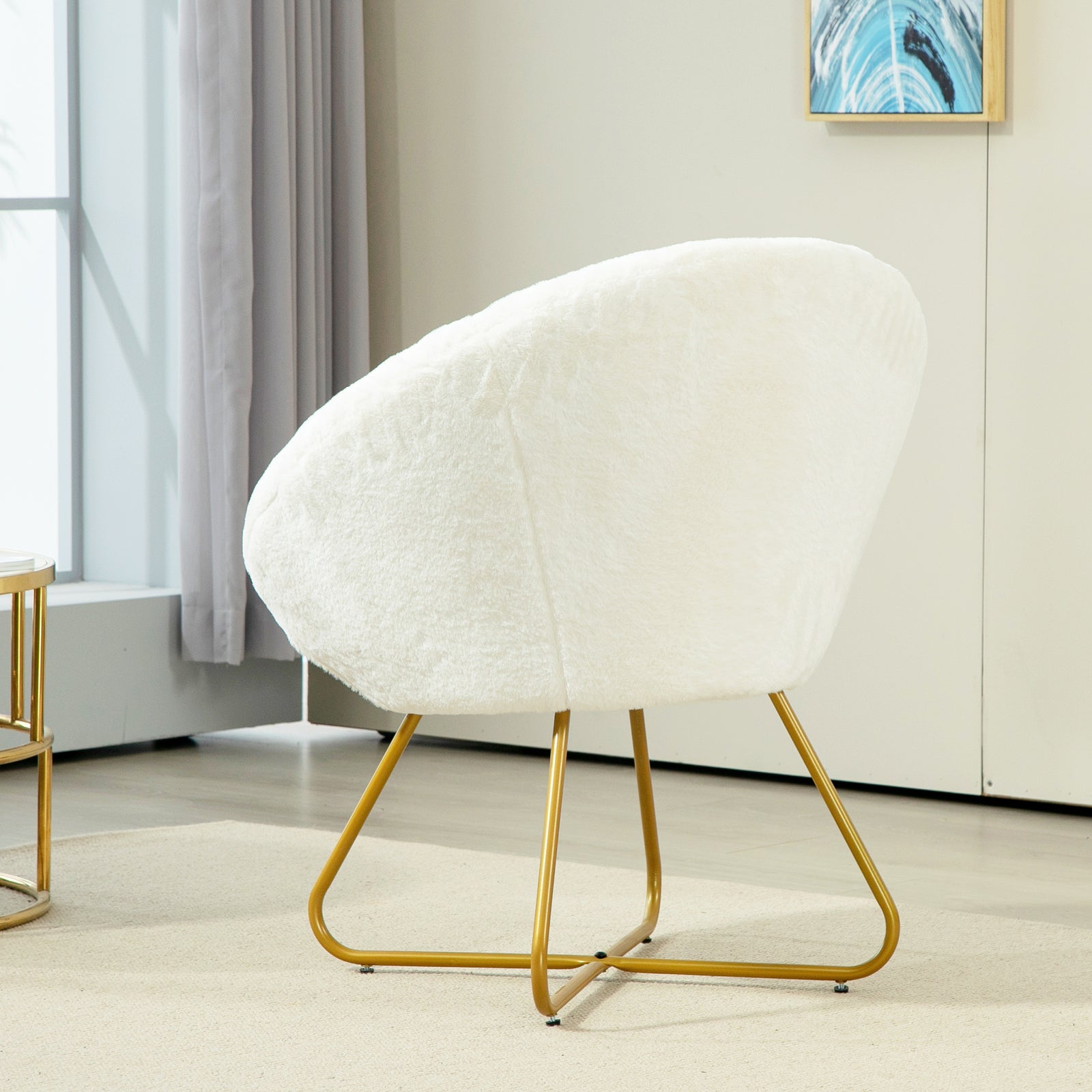 Faux Fur Comfy Chair With Golden Metal Legs Non-slip Footpad
