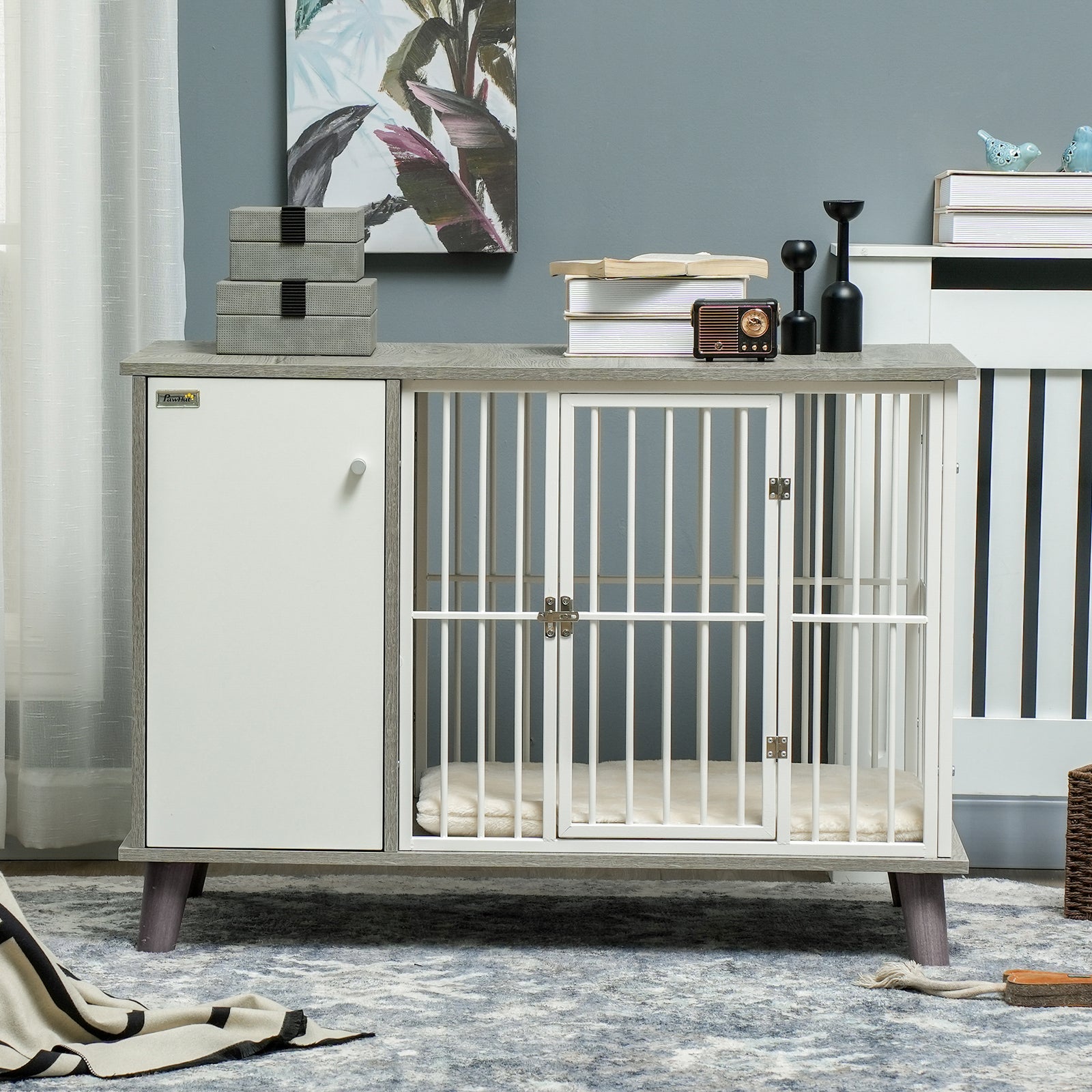 Dog Crate End Table W/ Cushion, 98x48x70.5cm - Grey