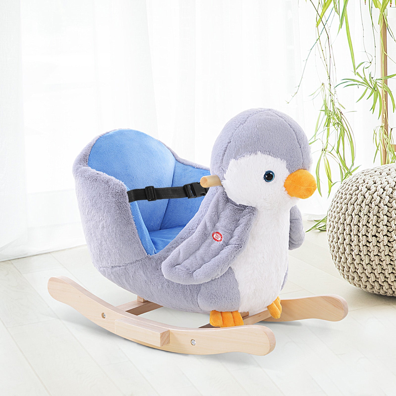 Animal Baby Rocking Horse Penguin Plush Musical Button W/32 Songs Wood