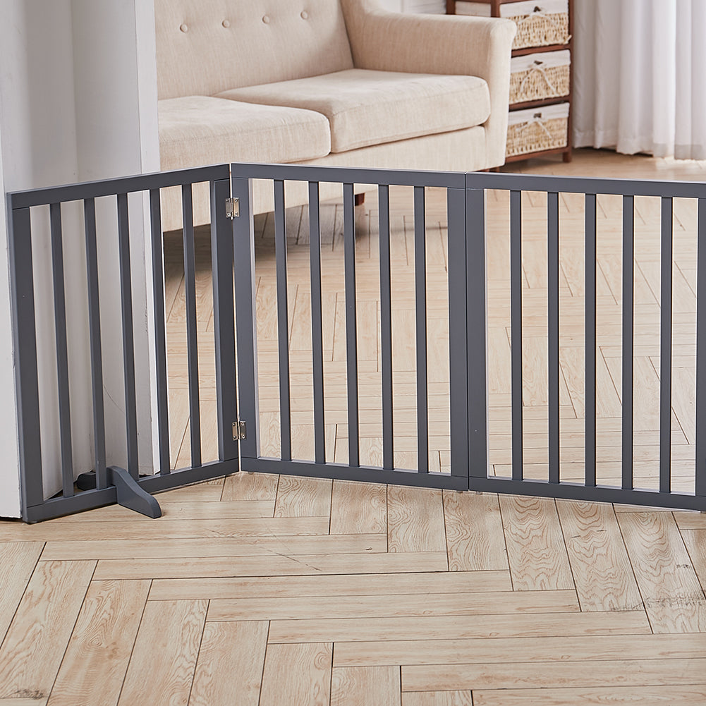 Foldable Freestanding 3/4-panel Pet Gate, Indoor Safety Barrier For Doorways, Halls & Staircases | Small | Grey
