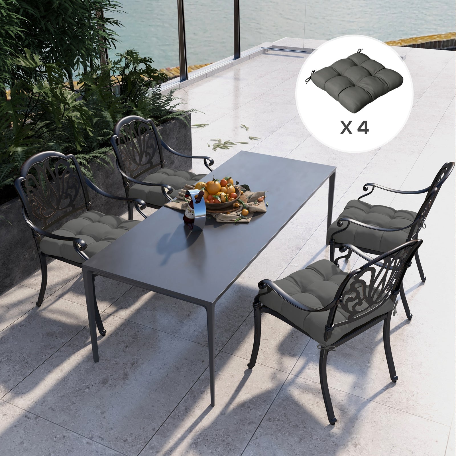 Set Of 4 Outdoor Seat Cushion W/ Ties, For Garden Furniture | Charcoal Gray