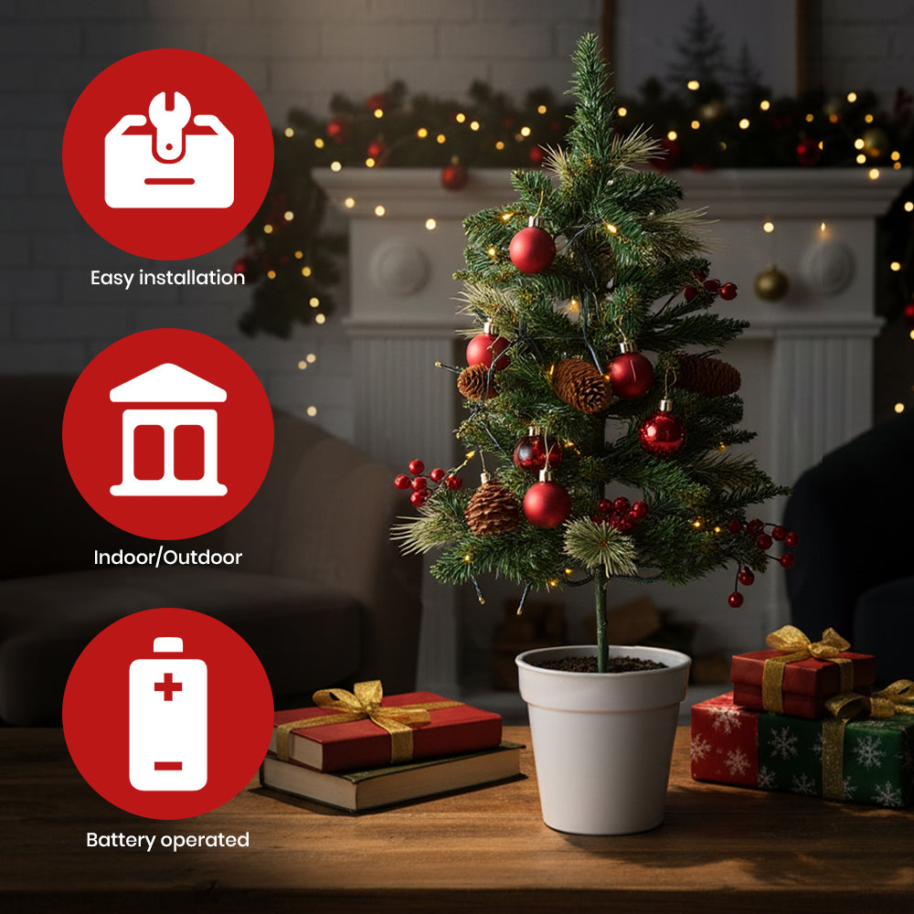 Set Of 2 Led Christmas Trees Artificial Pine With Red Berries, Baubles & Pinecones, 8 Lighting Modes, Timer Function