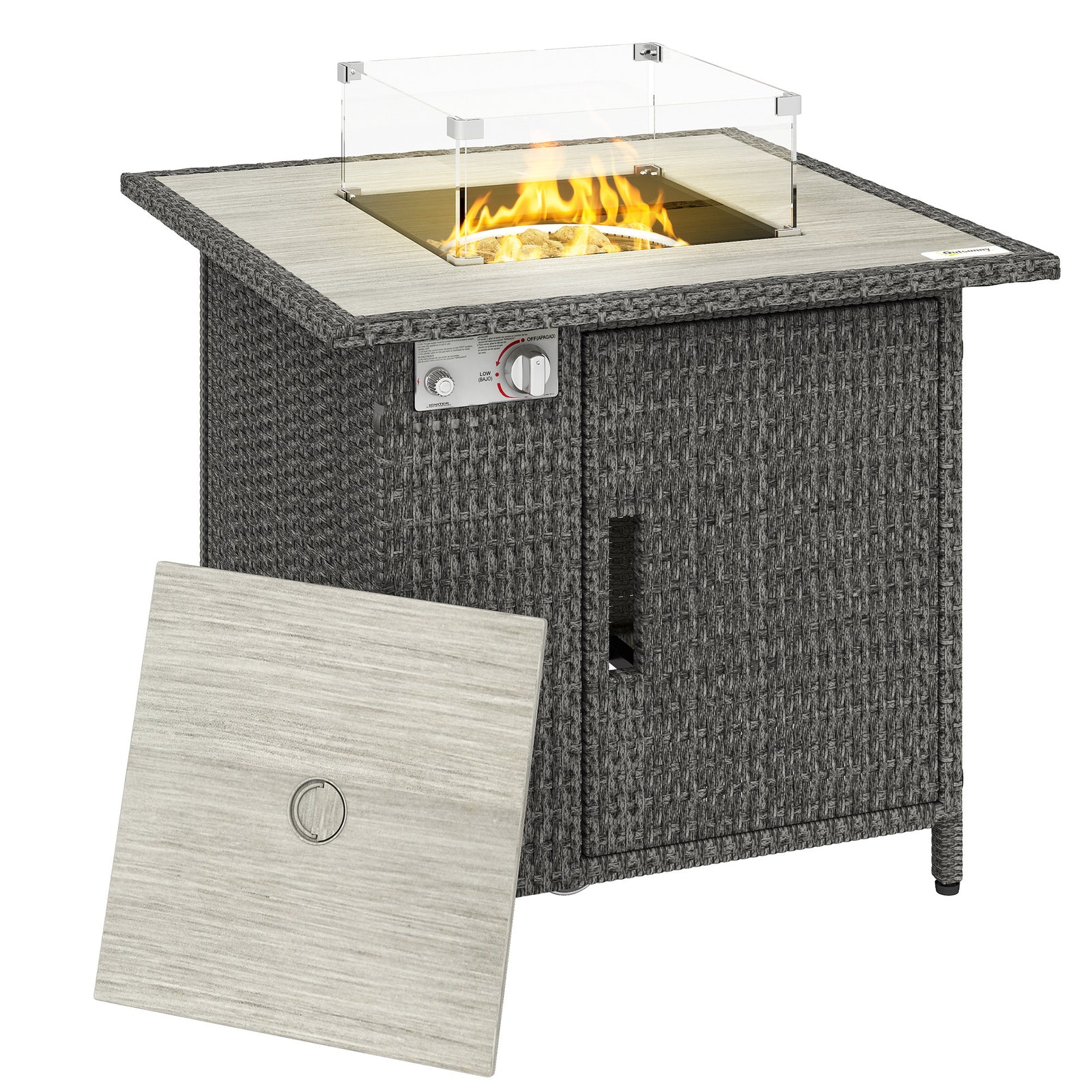 Rattan Gas Fire Pit Table With Rain Cover, Wind Guard, 14.5 Kw | Dark Grey