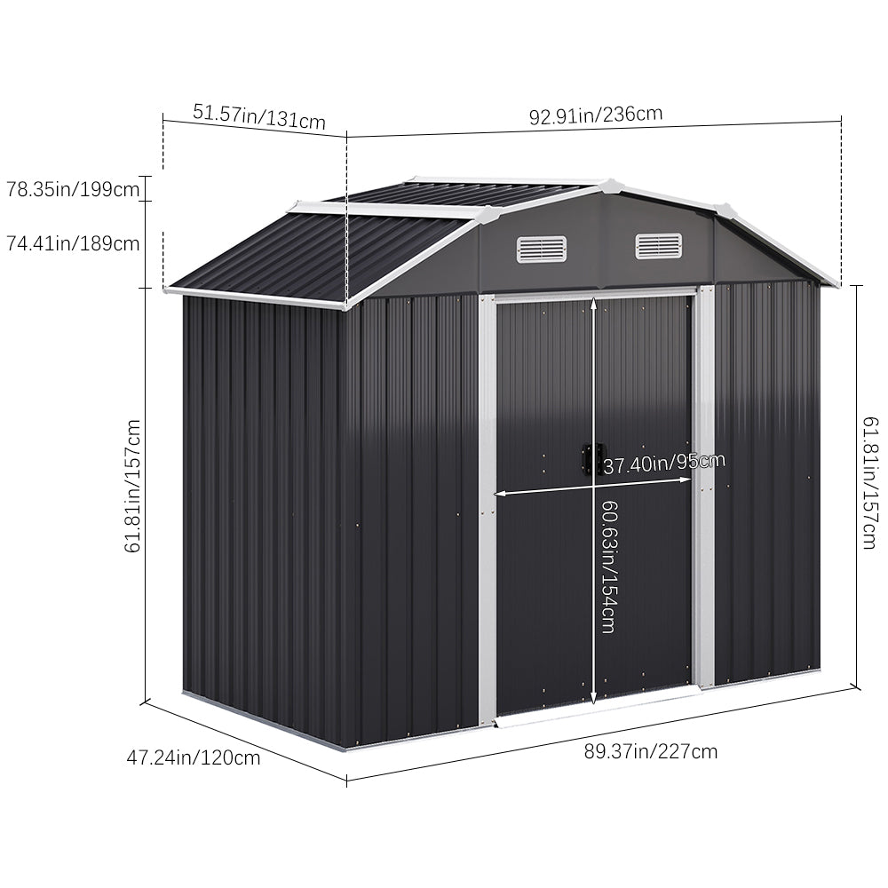 7.72 Ft X 4.3 Ft Outdoor Metal Storage Shed With Double Sliding Doors And Vents - Waterproof Garden Tool Organizer With Foundation And Shelving