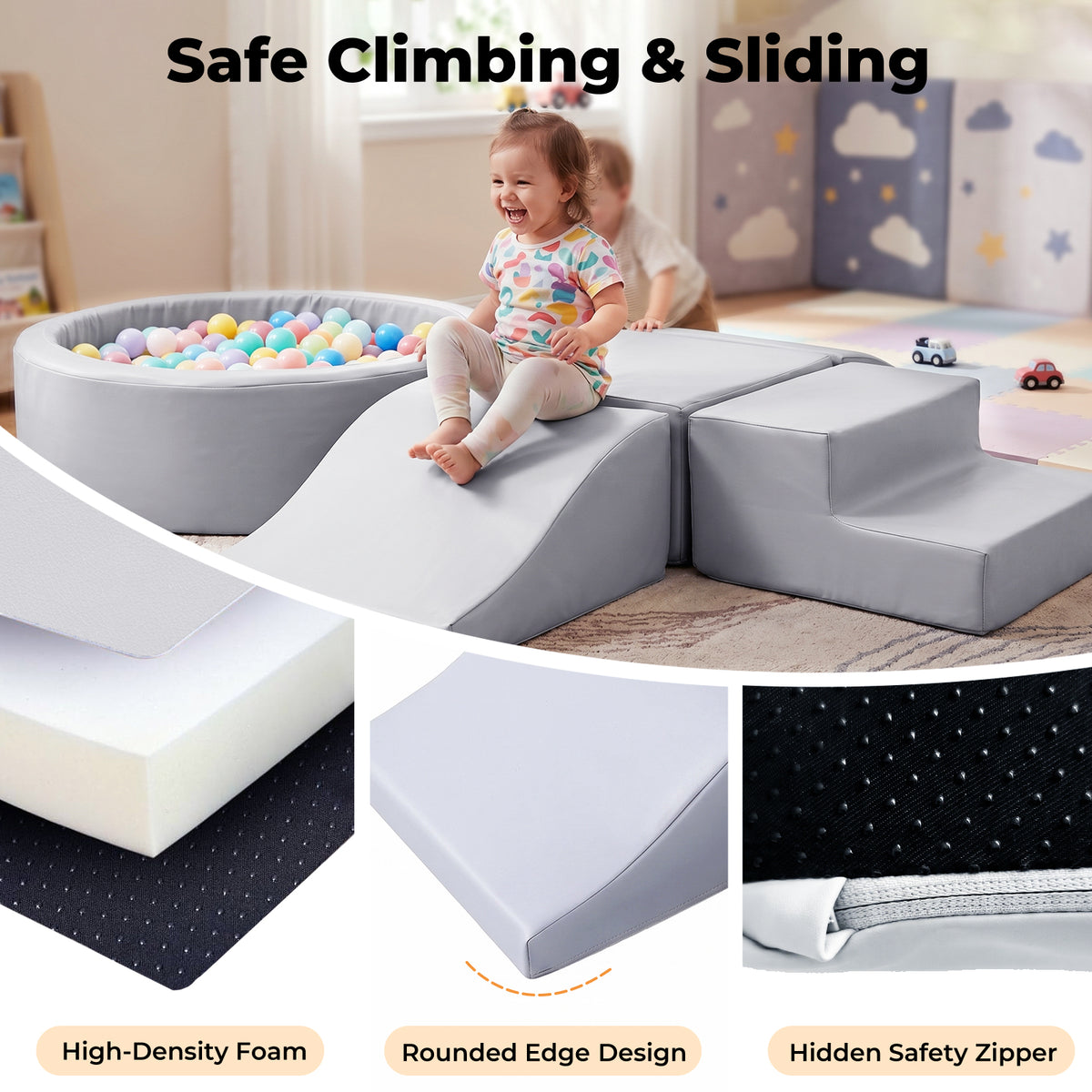 Soft Play Set 5pc Pu Leather Foam Blocks Baby Climbing Sliding Indoor Grey | Grey