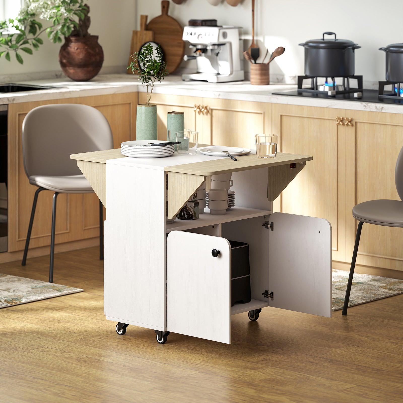 HOMCOM Folding Dining Table, Rolling Drop Leaf Table With Hidden Shelf