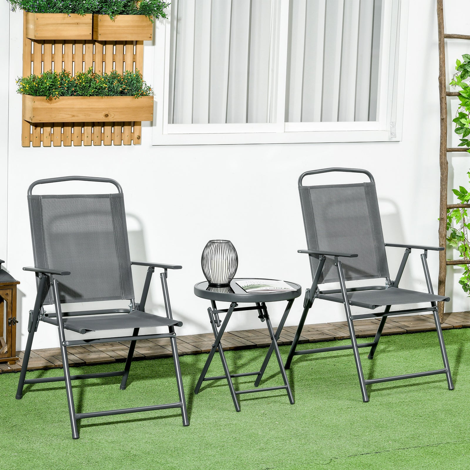 Patio Bistro Set Folding Chairs & Coffee Table For Balcony | Dark Gray