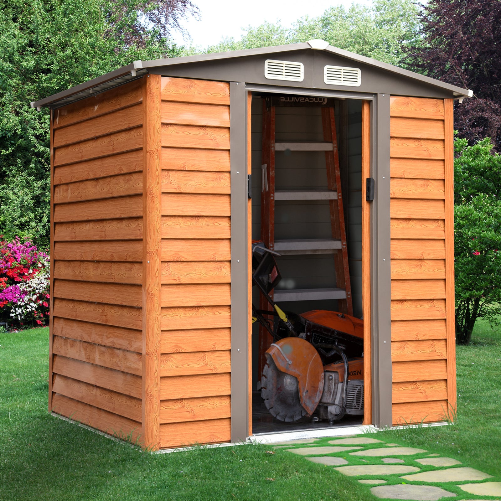 Garden Shed Wood Effect Tool Storage Sliding Door Wood Grain | Small | Brown