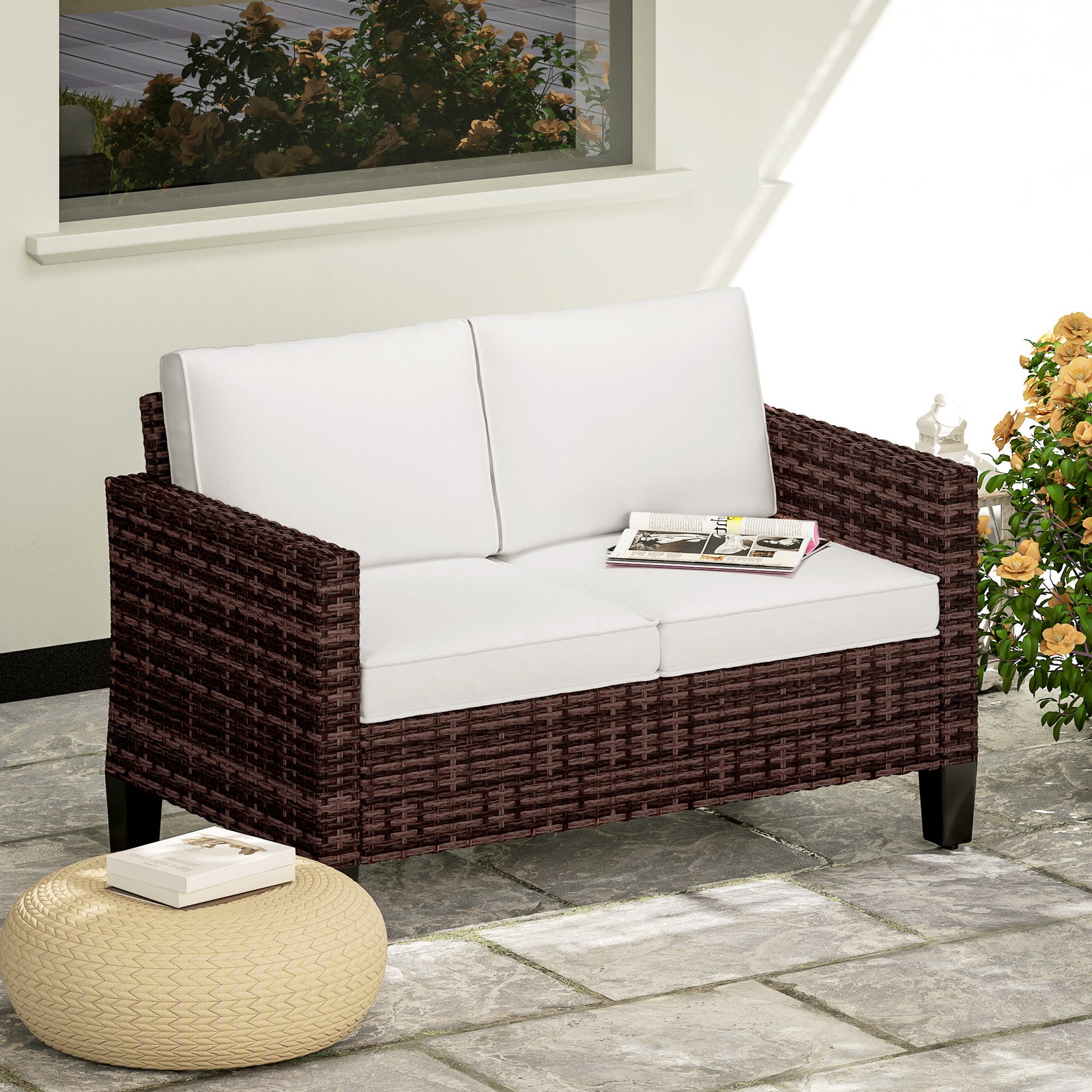 Rattan Sofa W/ Cushions, 2 Seater Garden Furniture | Brown