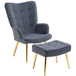 Button Tufted Armchair With Footstool Gold Tone Steel Legs | One Size | Dark Gray