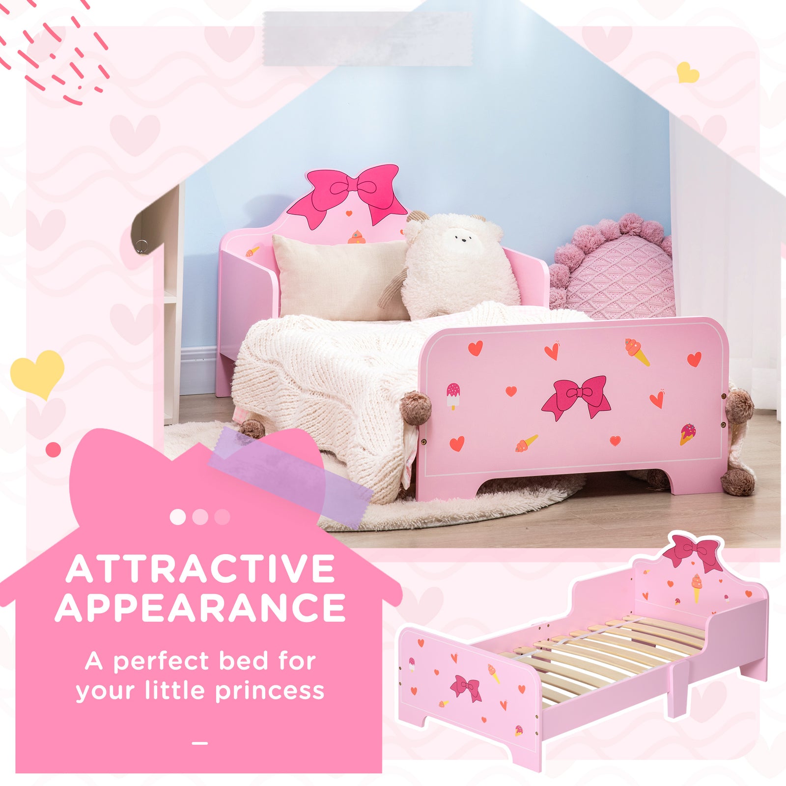Princess-themed Kids Toddler Bed With Cute Patterns, Safety Rails - Pink | Pink