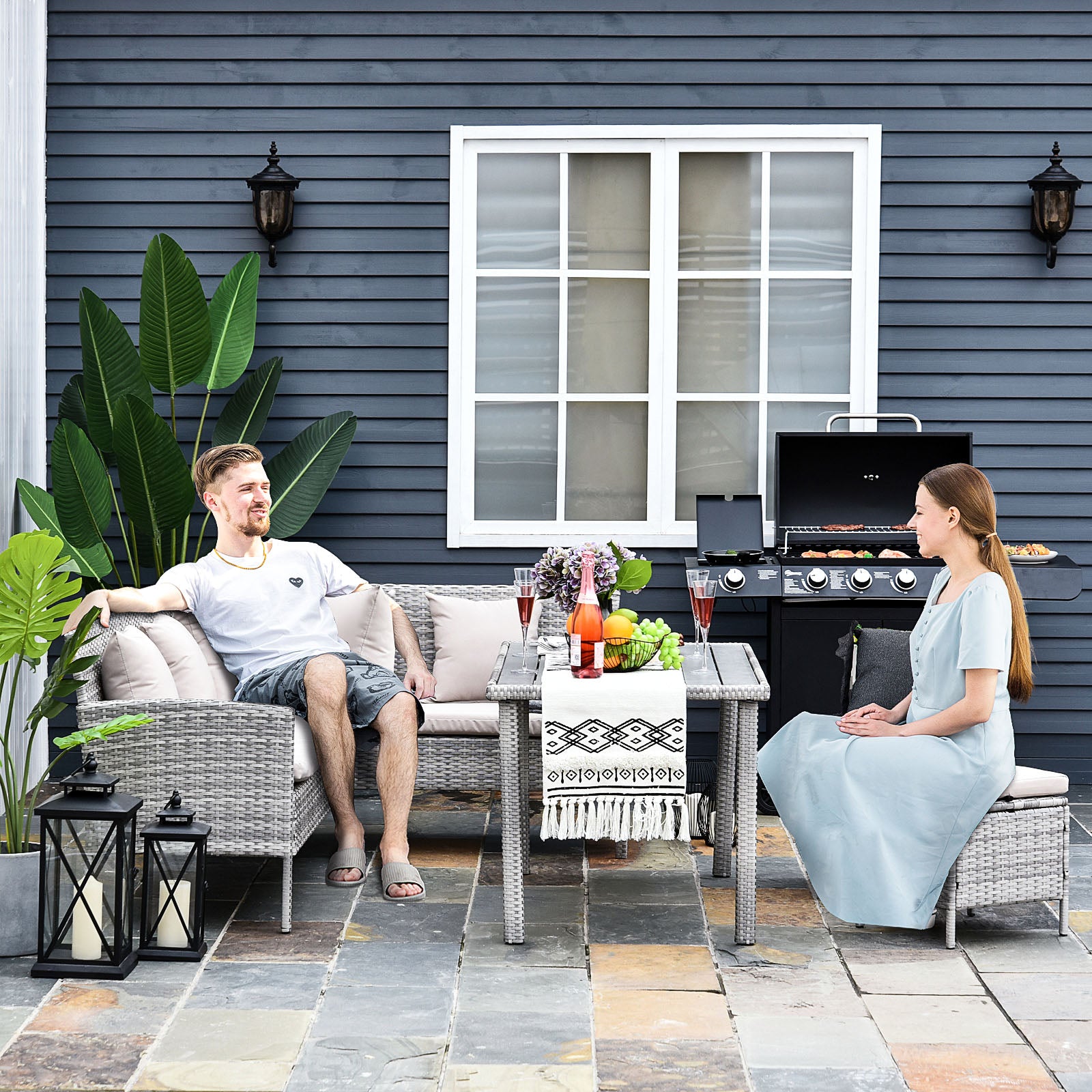 5pcs Rattan Dining Set W/ Sofa Coffee Table Footstool