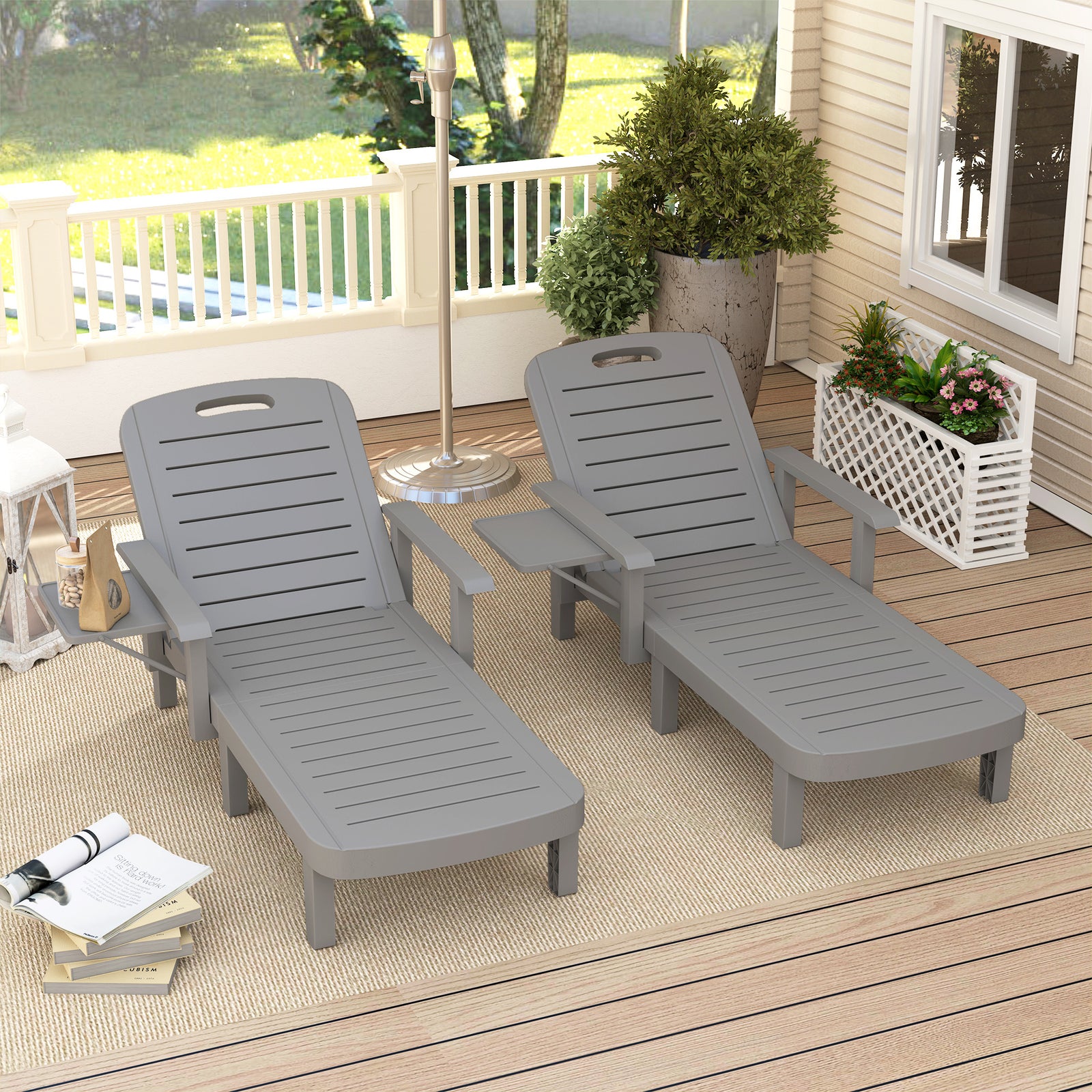 Set Of 2 Resin Reclining Sun Loungers For Garden | Dark Gray