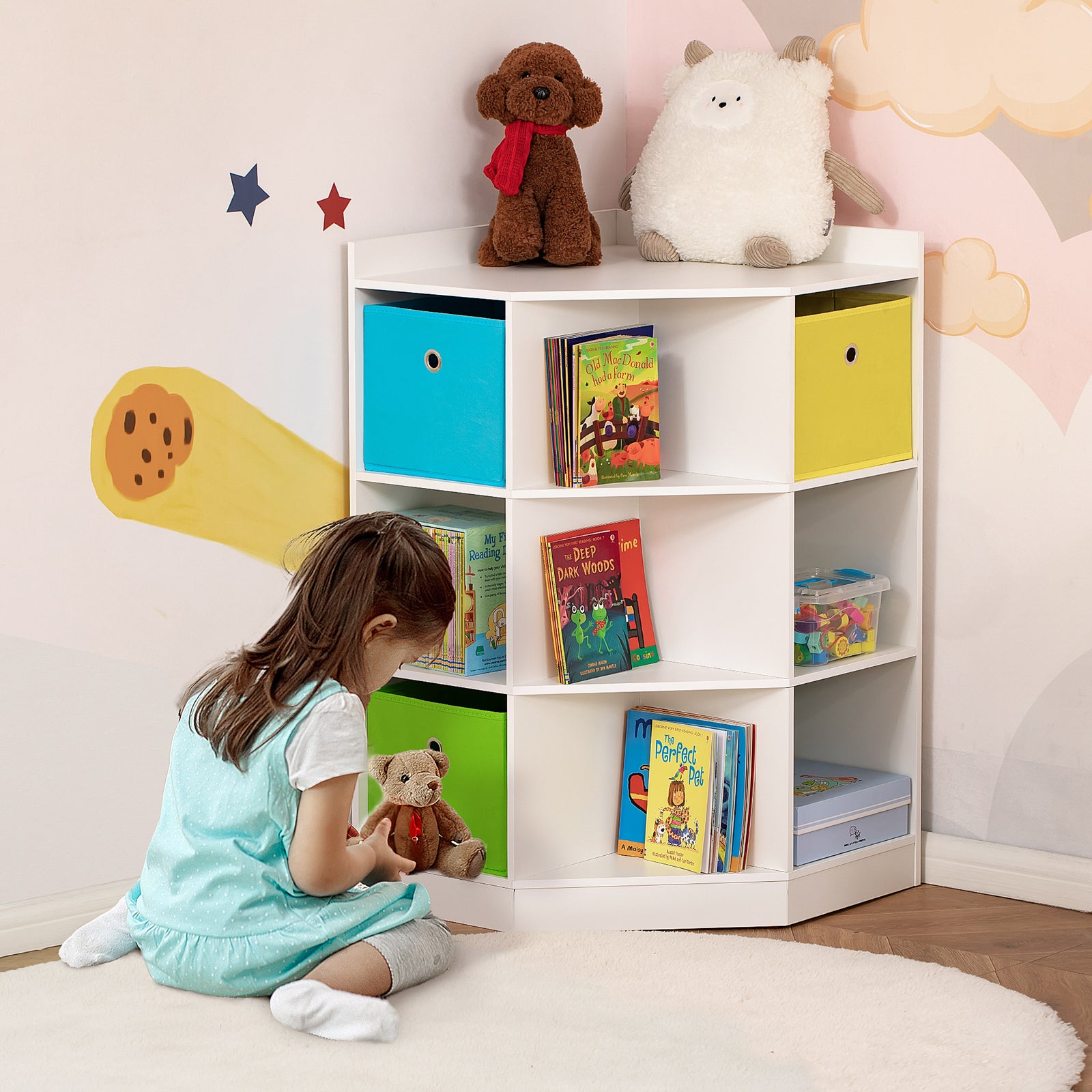 Kids Storage Cabinet Corner Organizer With Anti-tipping Hardware Drawer | White