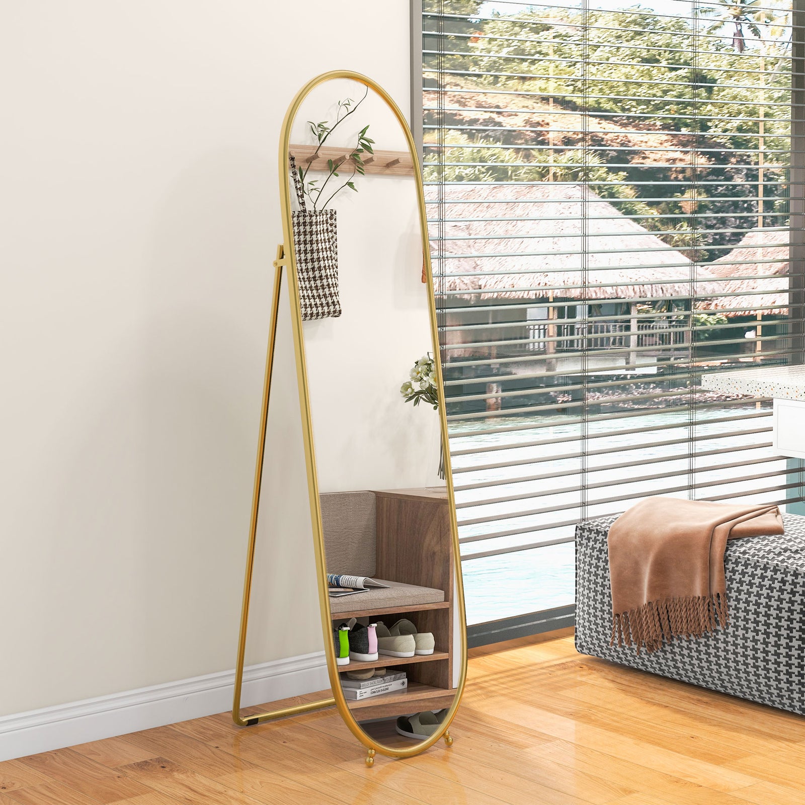 Oval Full Length Mirror With Metal Frame Hanging Or Leaning | One Size | Gold