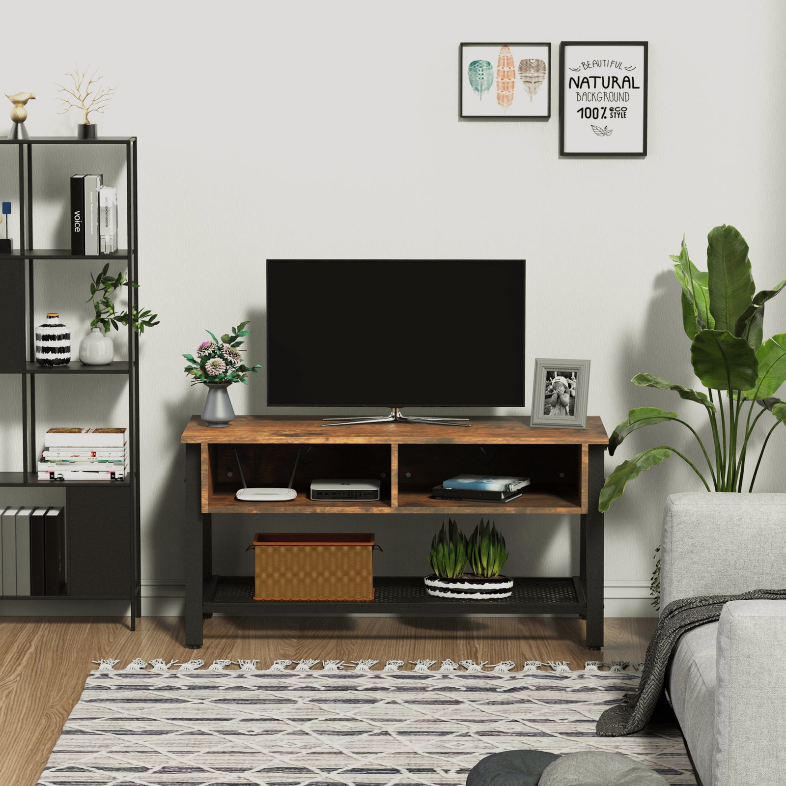 Media Stand For 45" Tvs W/ Shelves Cable Holes