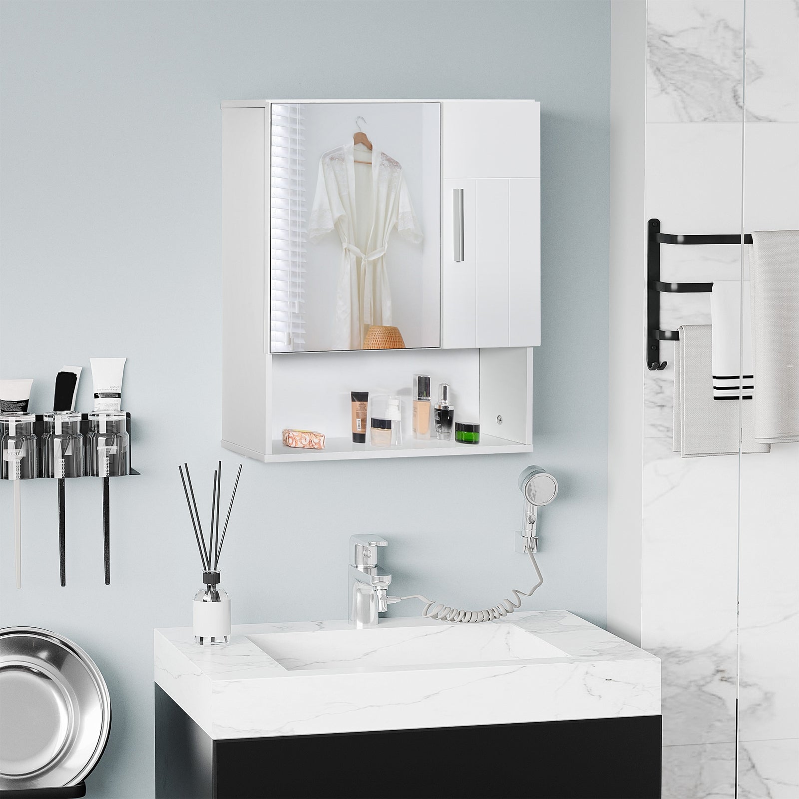 Bathroom Mirror Cabinet Wall Mount Storage Organizer W/ Door