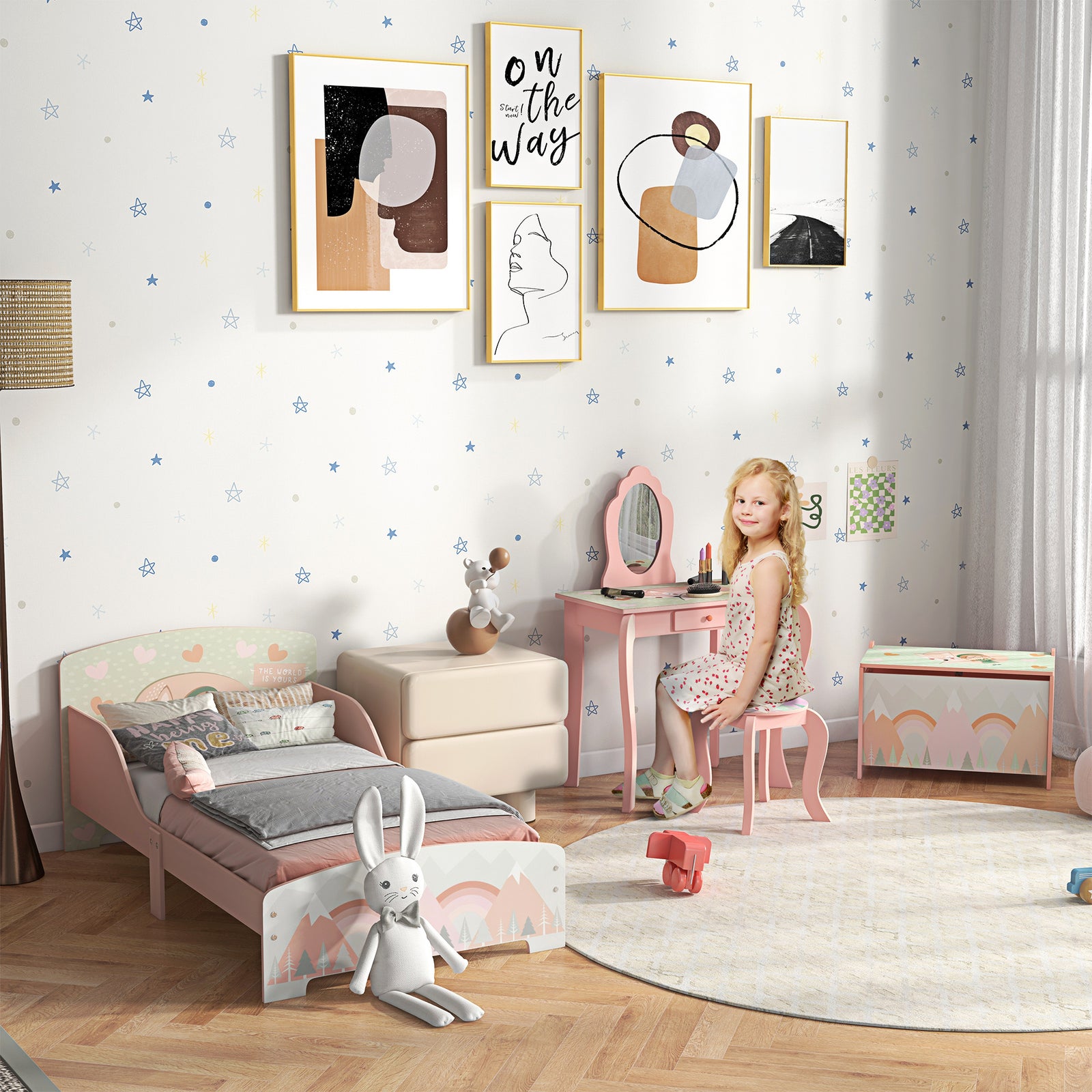 Kids Dressing Table With Mirror, Stool, Drawer, Girls Vanity Table | Pink