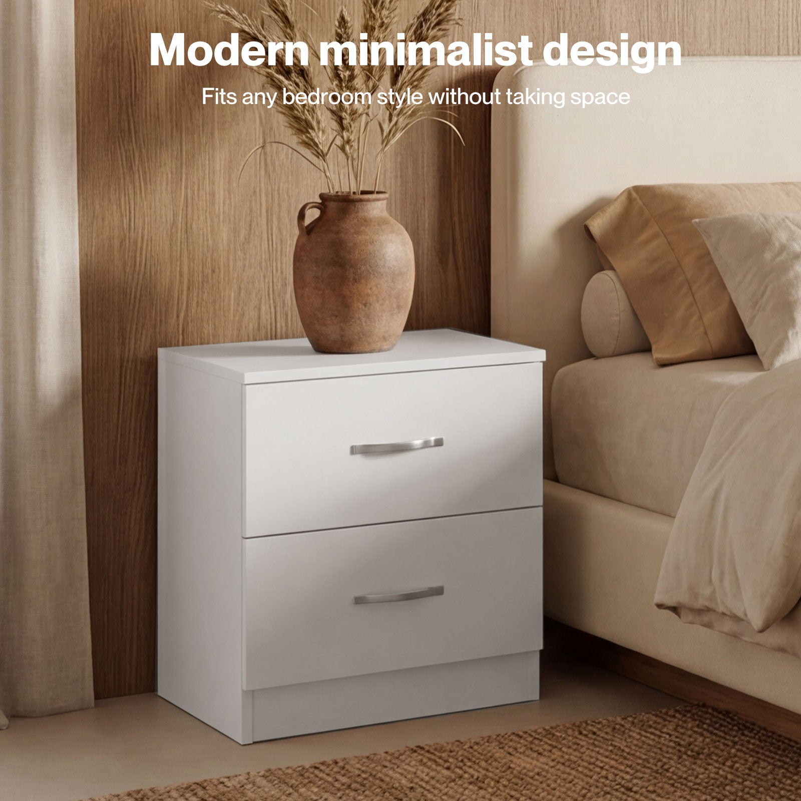 Bedside Table 2 Drawer Metal Handles Runners White Bedroom Cabinet | White