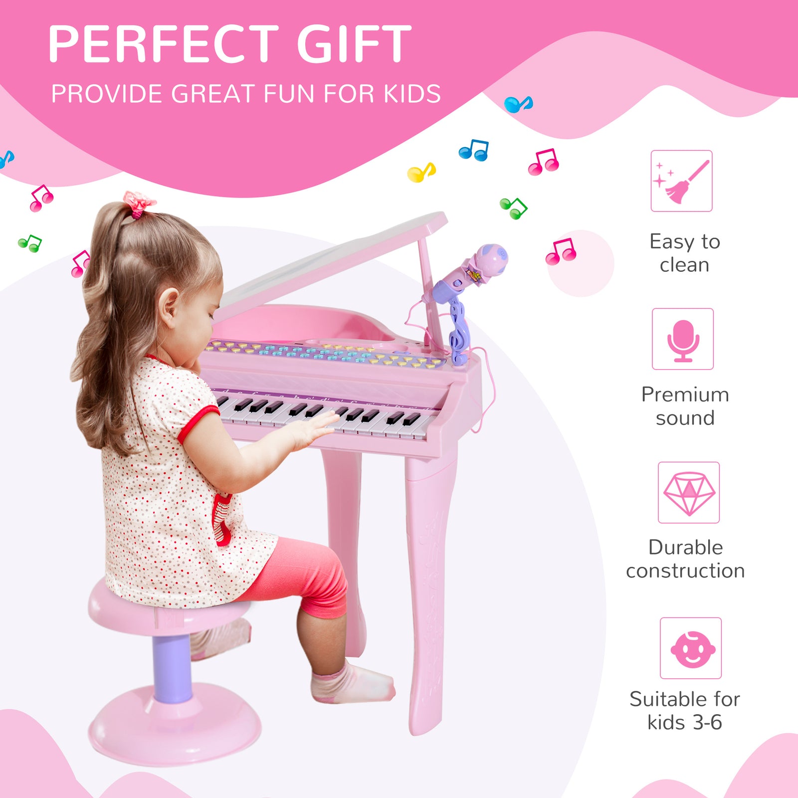 37 Key Musical Mini Piano Electrionic Keyboard Microphone Stool | Pink