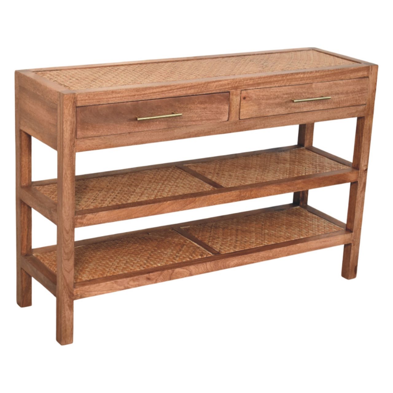 Saffron Rattan Console – Solid Mango Wood With Woven Rattan & Brass Accents