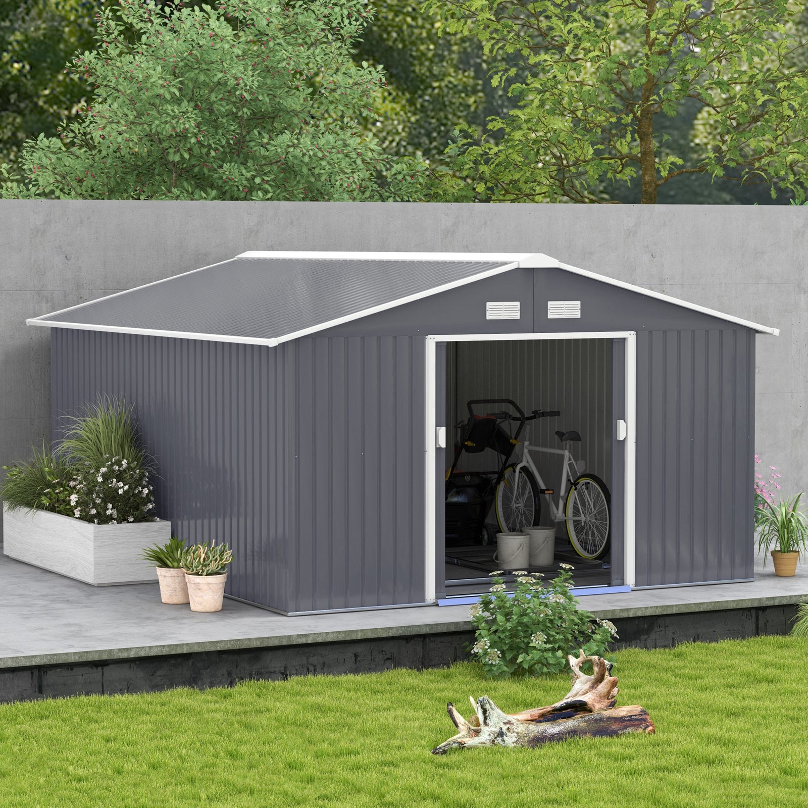 Garden Shed Storage Unit With Locking Door Floor Foundation | Large | Charcoal Gray