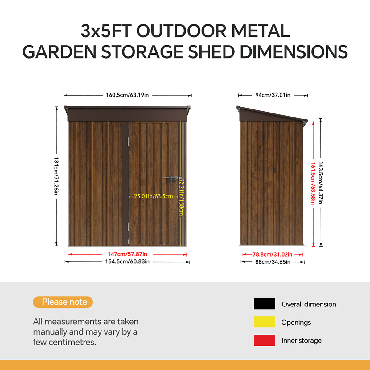 3x5 Ft Outdoor Pent Roof Metal Garden Storage Shed With 3d Brown Wood Grain Finish