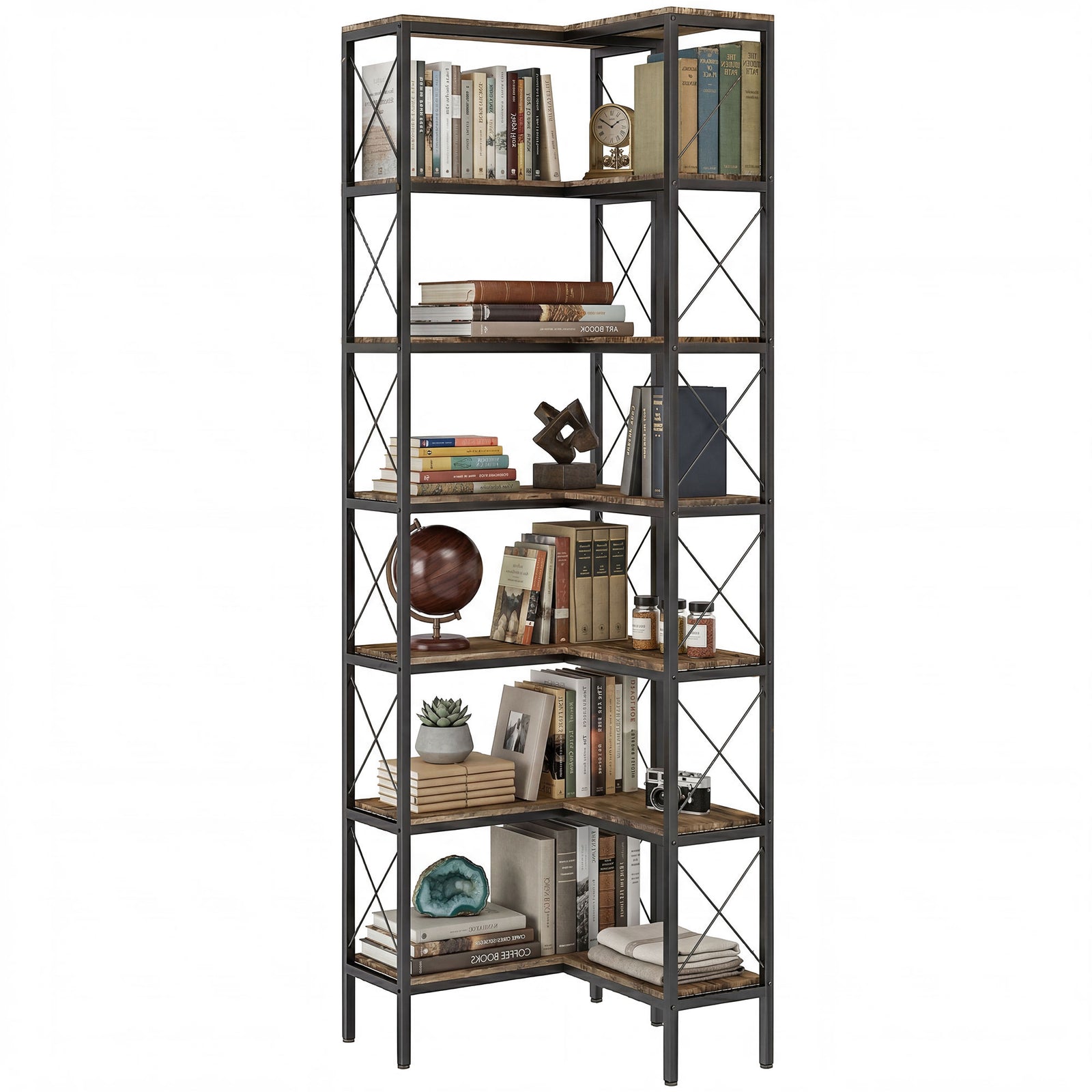 L-shaped Bookshelf, 6-tier Bookcase With Metal Frame, Rustic Brown | M | Rustic Brown